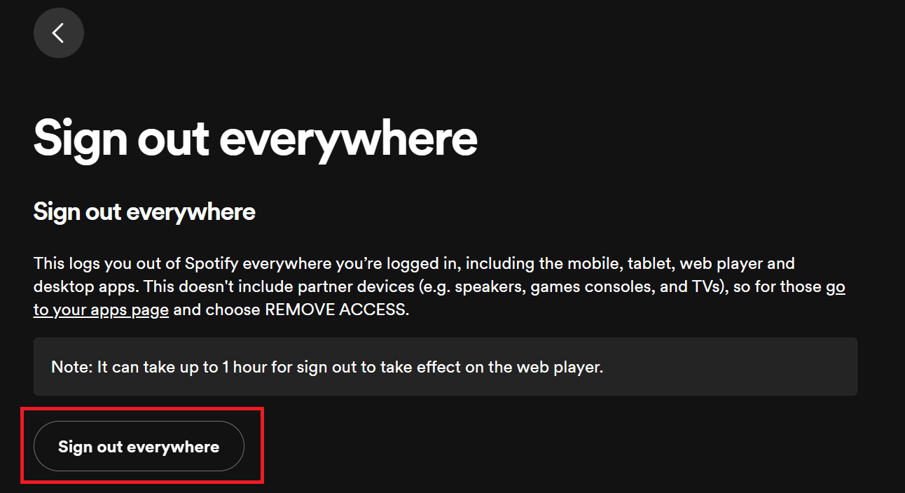 "Sign out everywhere" button highlighted in Spotify.