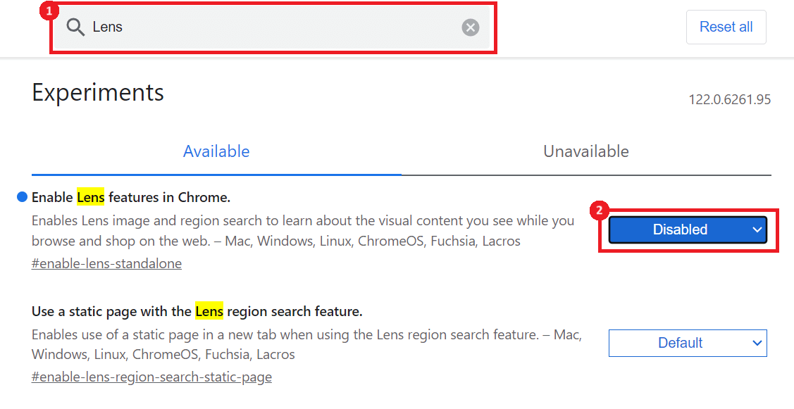 "Disabled" option highlighted for "Enable Lens feature in Chrome" flag.