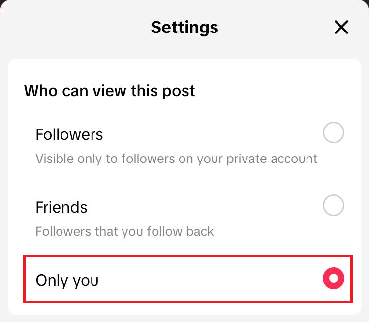 "Only you" option highlighted in TikTok post settings.