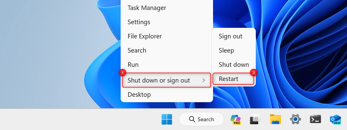 "Shut down or restart" and "Restart" option highlighted in WinX menu.