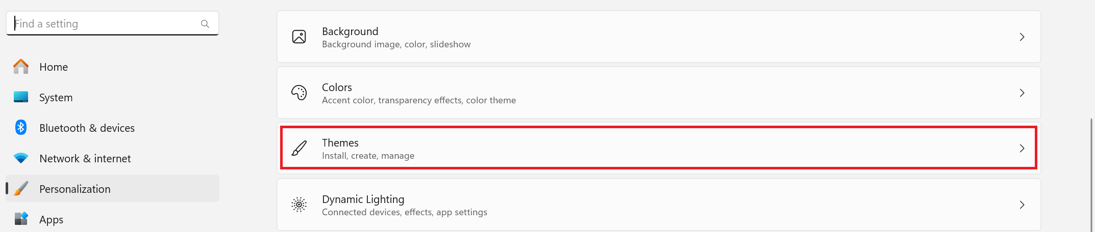 "Themes" in Personalization settings.