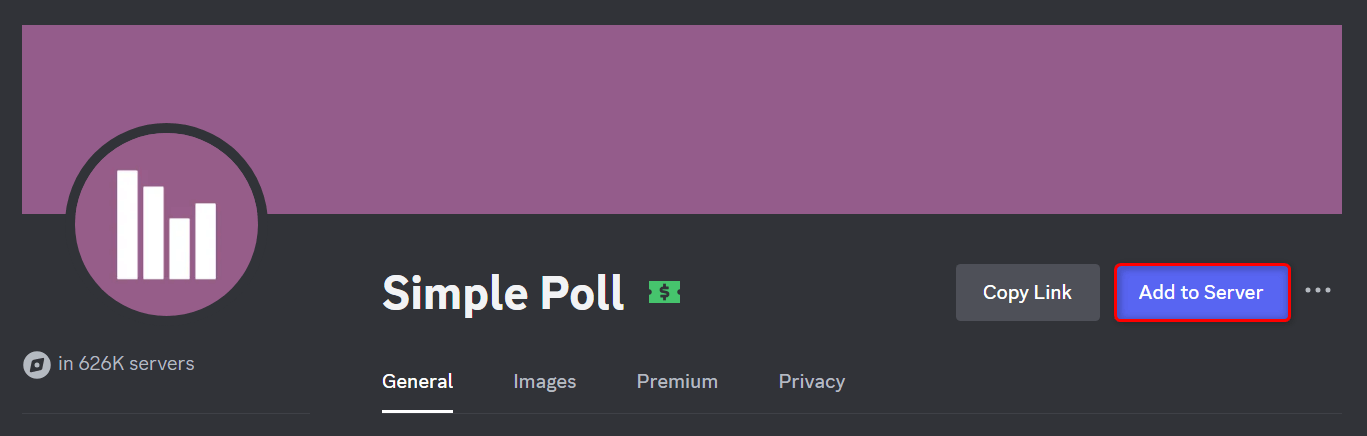 "Add to Server" button in "Simple Poll" info page in Discord App Directory.