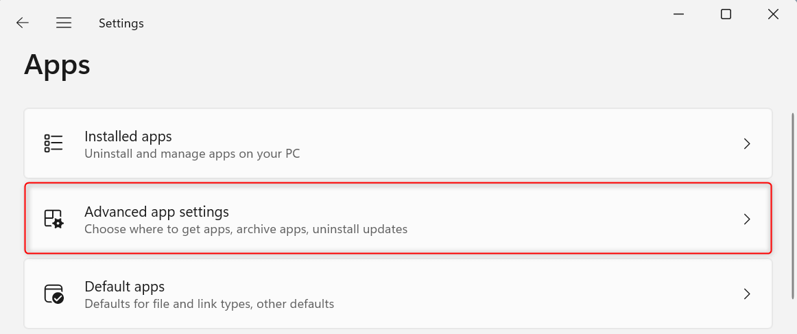 "Advanced app settings" option highlighted in Settings app.