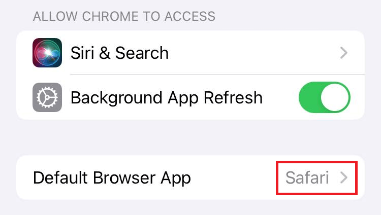 "Default Browser App" preferences in iPhone settings.