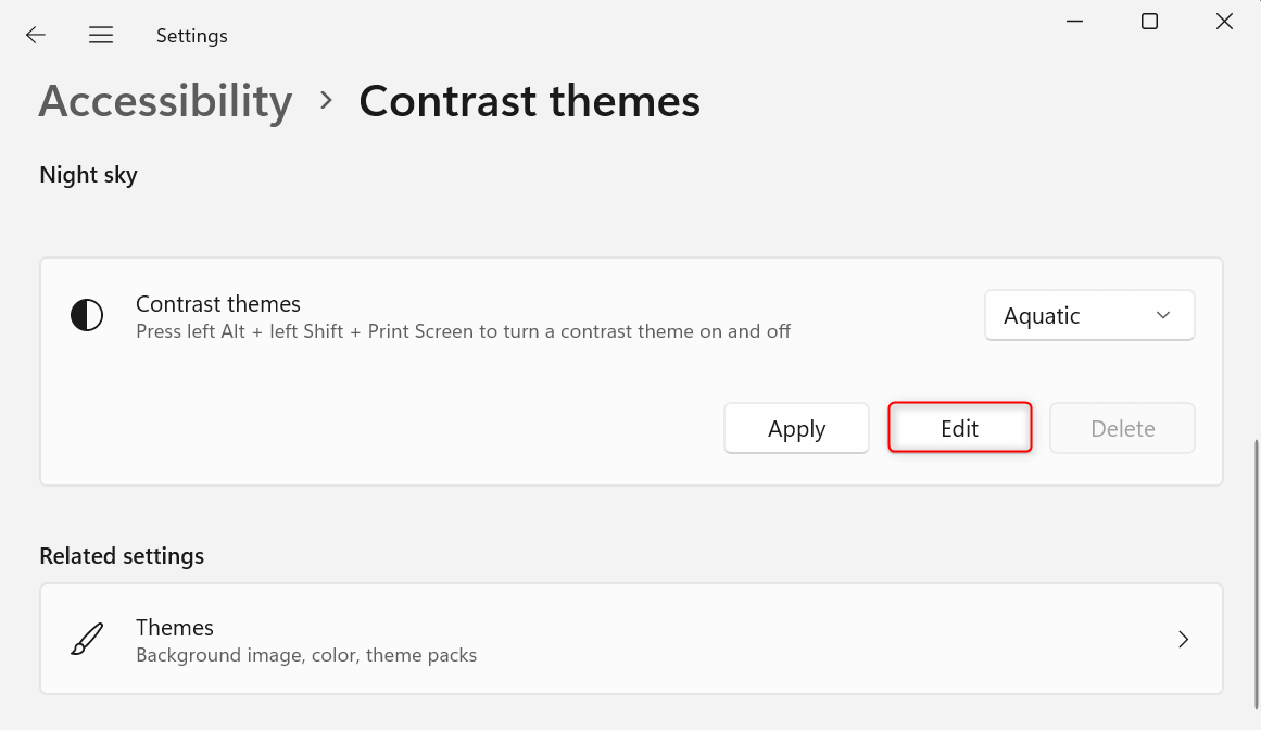 "Edit" button for a contrast theme in Windows 11 Settings.