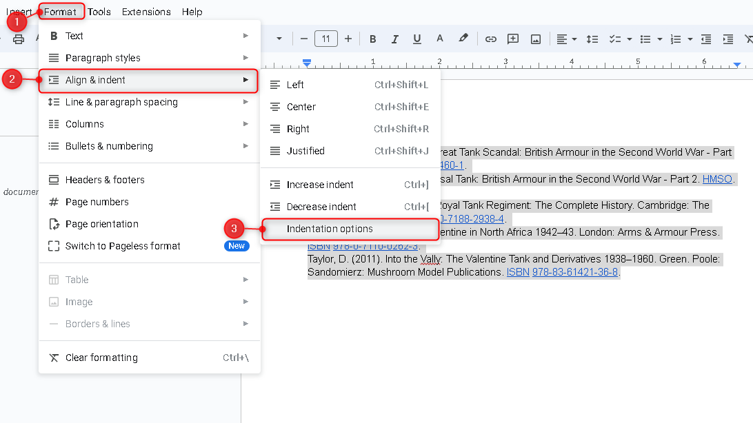 "Format" menu, "Align & indent" section, and "Indentation options" highlighted in Google Docs.