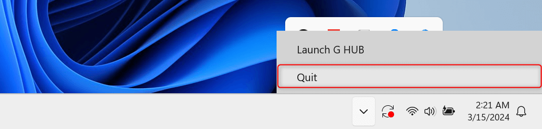 "Quit" option when quitting G Hub via system tray.