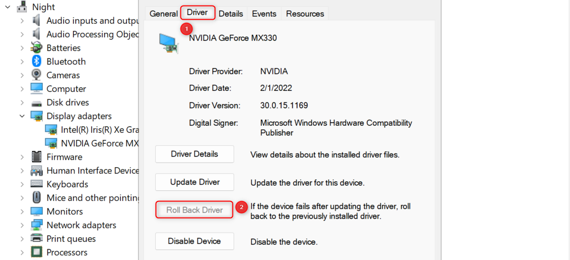 "Roll Back Driver" button in "Driver" tab in NVIDIA graphics driver properties window.