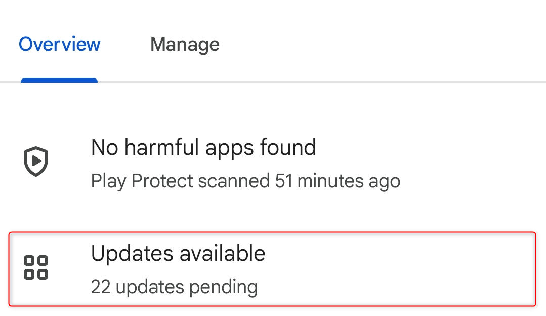 "Updates available" option highlighted in Google Play Store.