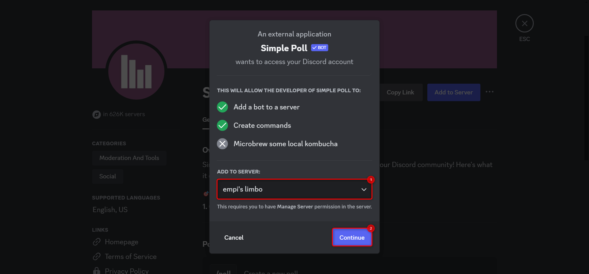 "Add to Server" drop-down highlighted when adding a bot to Discord.