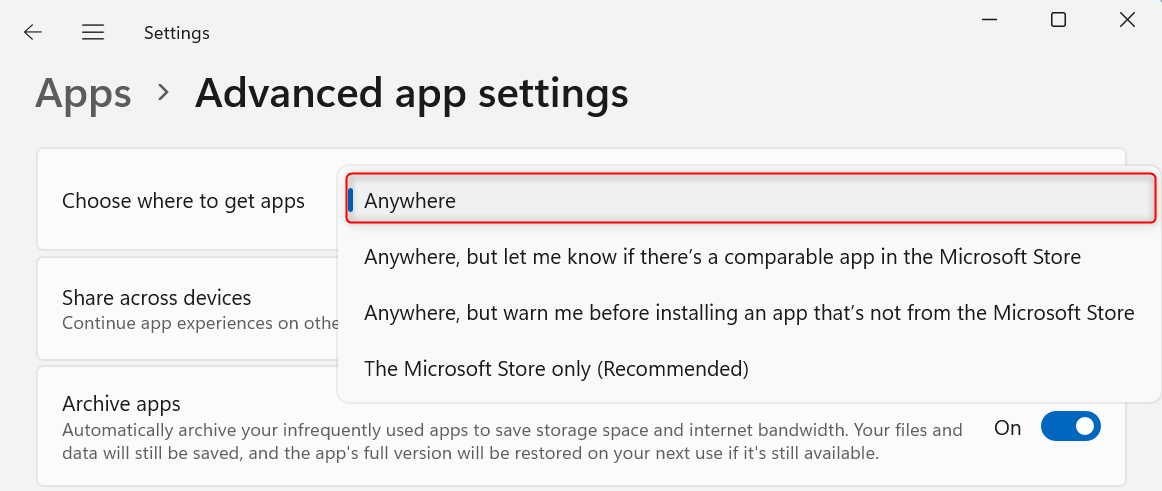 "Anywhere" option for app installation highlighted in Windows 11 Settings.