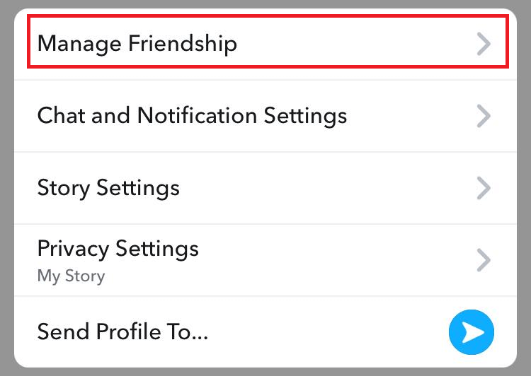 "Manage Friendship" option highlighted in Snapchat.