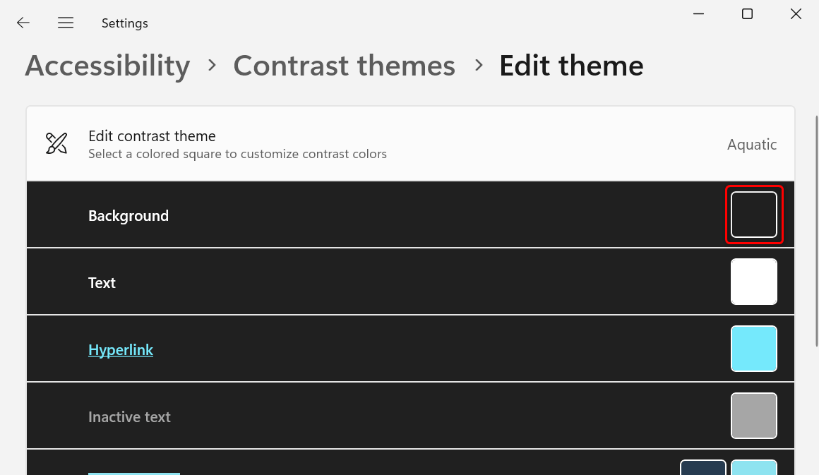 Colored square for "Background" in "Edit theme" section in Windows 11 Settings.