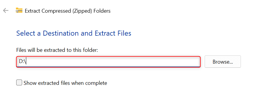 Extraction destination path field highlighted in File Explorer.