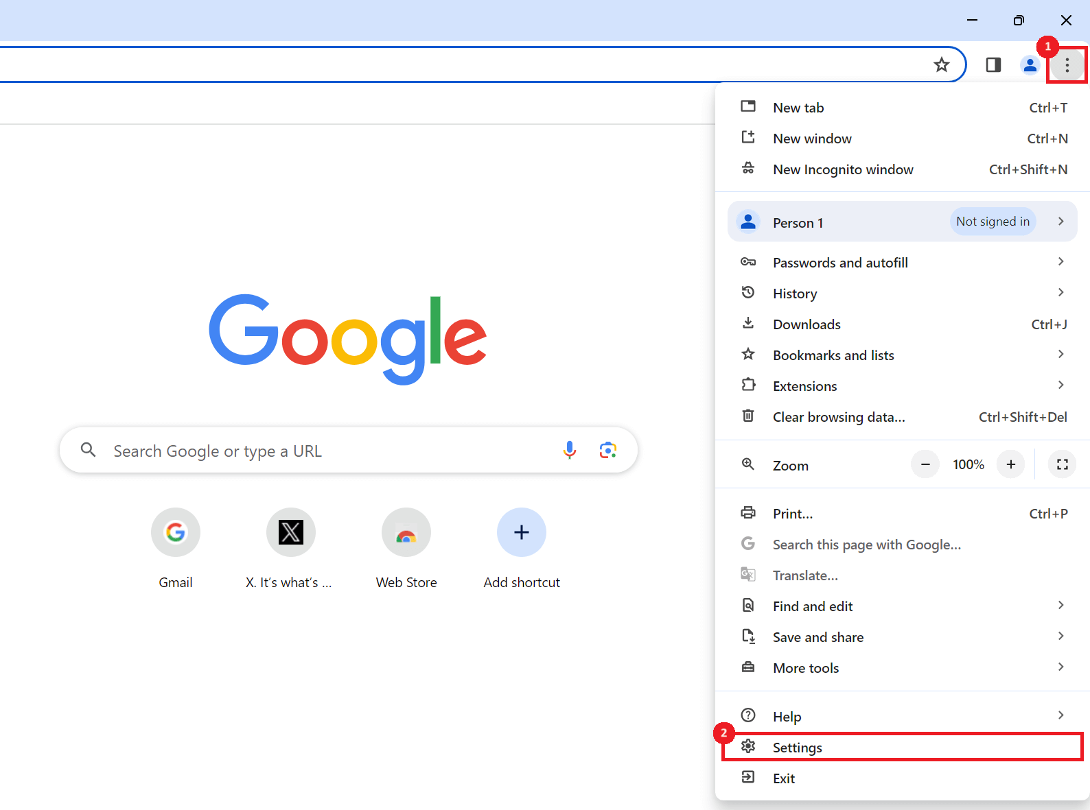 "Settings" highlighted in Google Chrome menu.