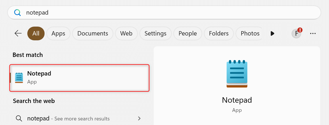 "Notepad" in Windows 11 search results.