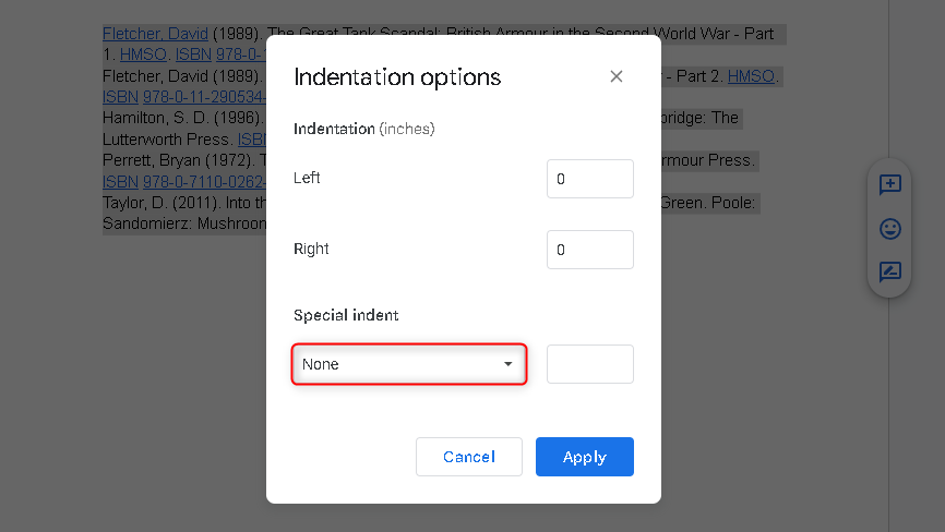 "None" option under "Special indent" highlighted in Google Docs.
