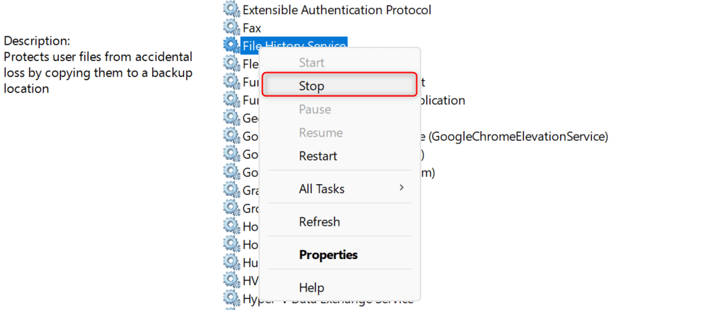 "Stop" option highlighted in Services right-click context menu.