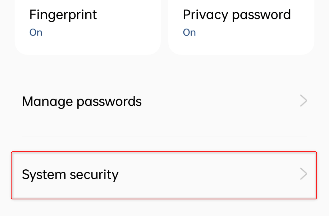 "System security" submenu in Android settings.