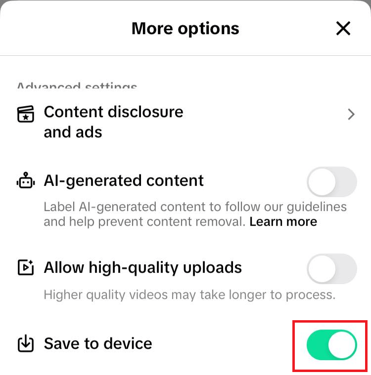 "Save to device" switch highlighted in TikTok.
