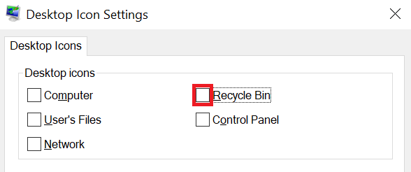 Check box for Recycle Bin in Desktop Icon Settings.