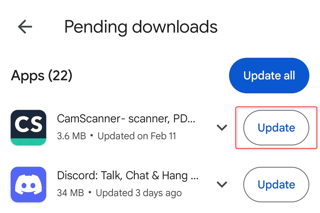 "Update" button highlighted in "Pending downloads" page in Google Play Store.