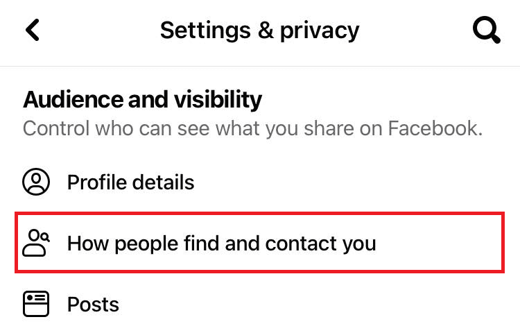 "How people find and contact you" option in Facebook app settings.