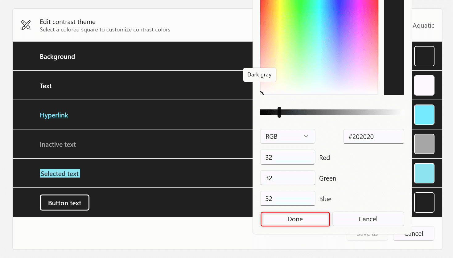 "Done" button in color picker in Windows 11 Settings.