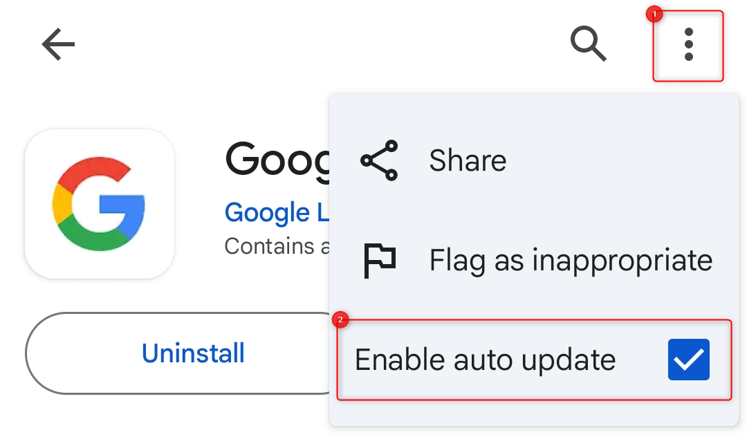"Enable auto update" option highlighted in Google Play Store.