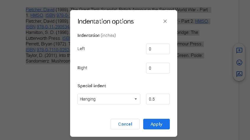 Default hanging indent options in Google Docs.