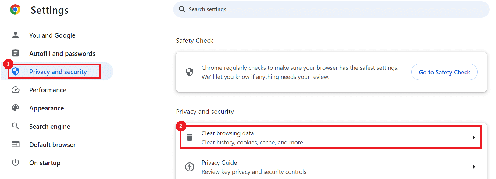 "Privacy and security" tab and "Clear browsing data" option highlighted in Chrome.
