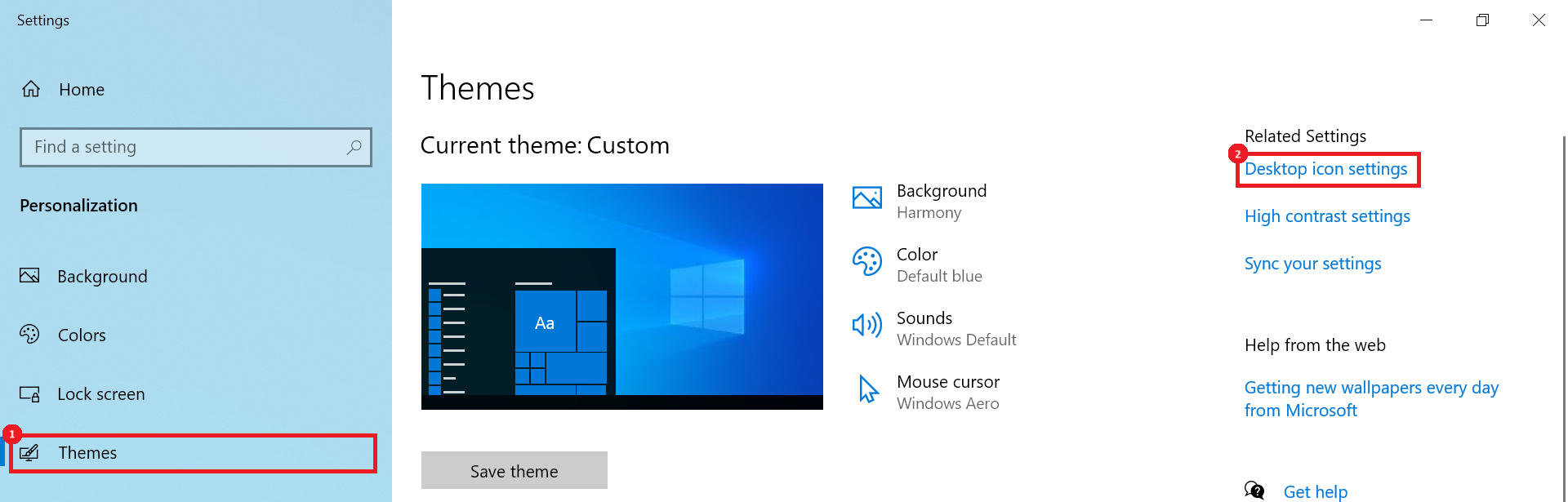 "Themes" in Windows 10 settings.