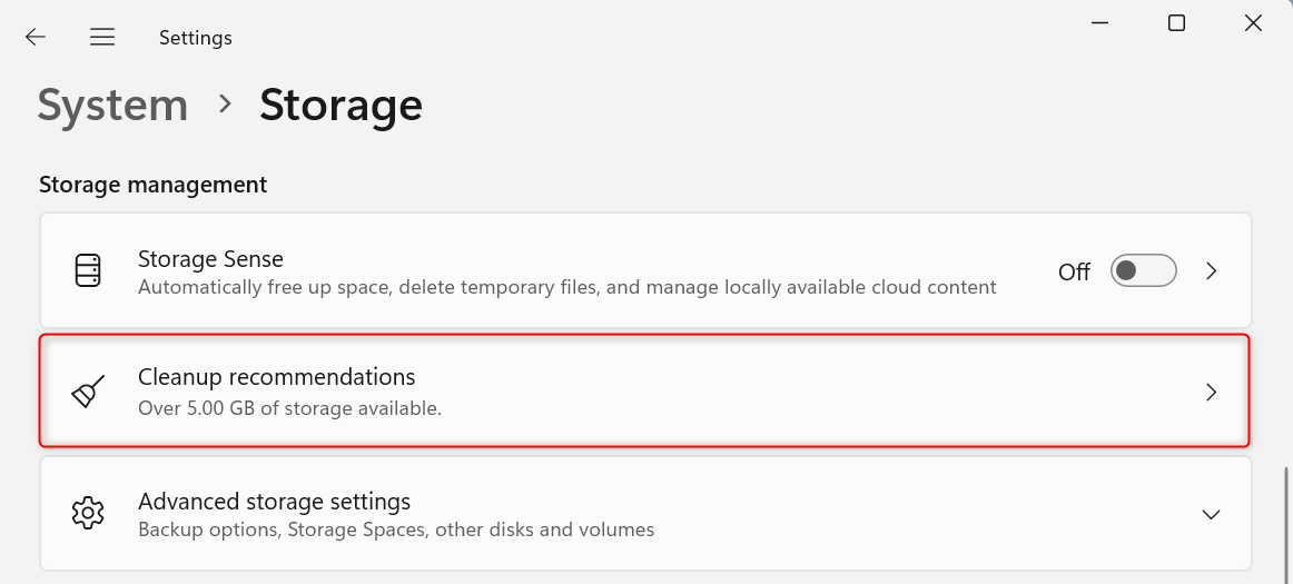 "Cleanup recommendations" highlighted in Storage Settings.