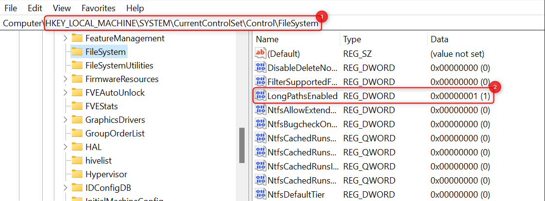 "LongPathsEnabled" entry highlighted in Registry Editor.