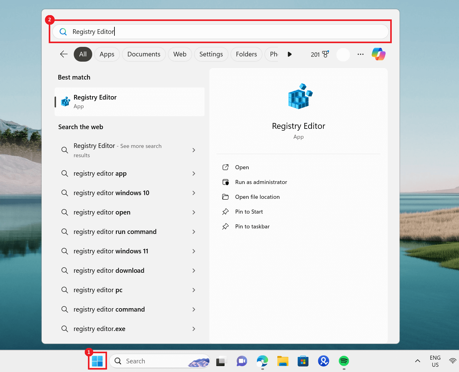 "Registry Editor" highlighted in Windows 11 Search.