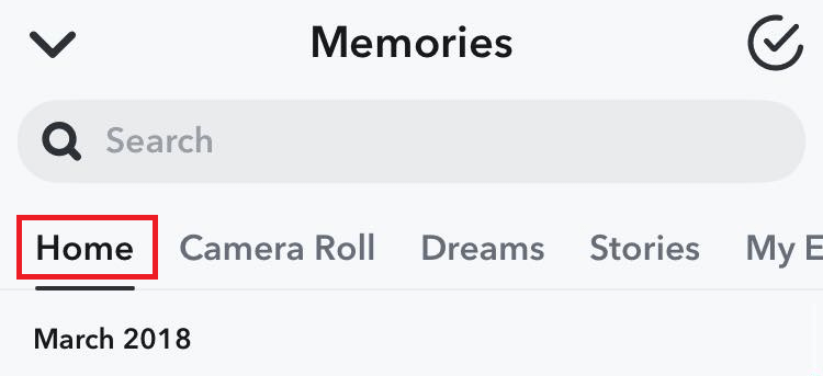 "Home" tab highlighted in Snapchat "Memories" section.