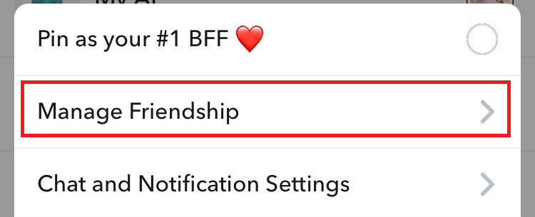 "Manage Friendship" option highlighted in Snapchat via Chat section.