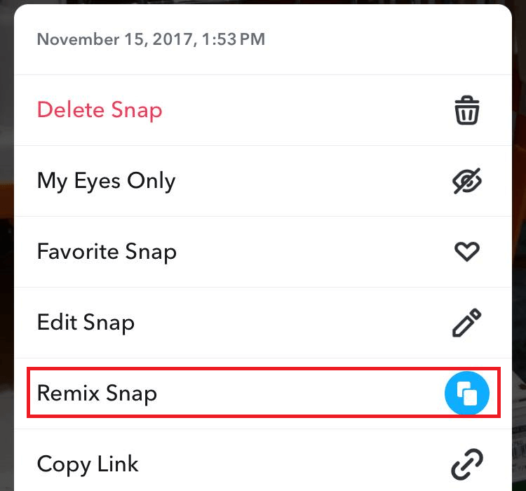 "Remix Snap" option highlighted in Snapchat Memories.