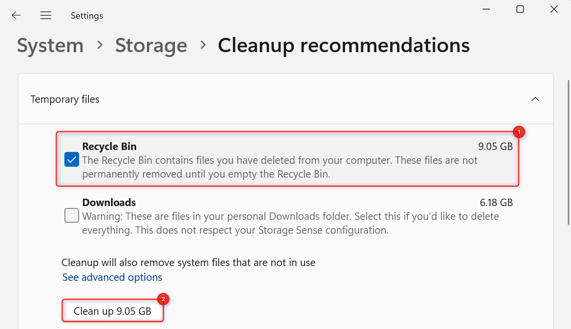 "Recycle Bin" and "Clean up" button highlighted in Windows 11 Settings.