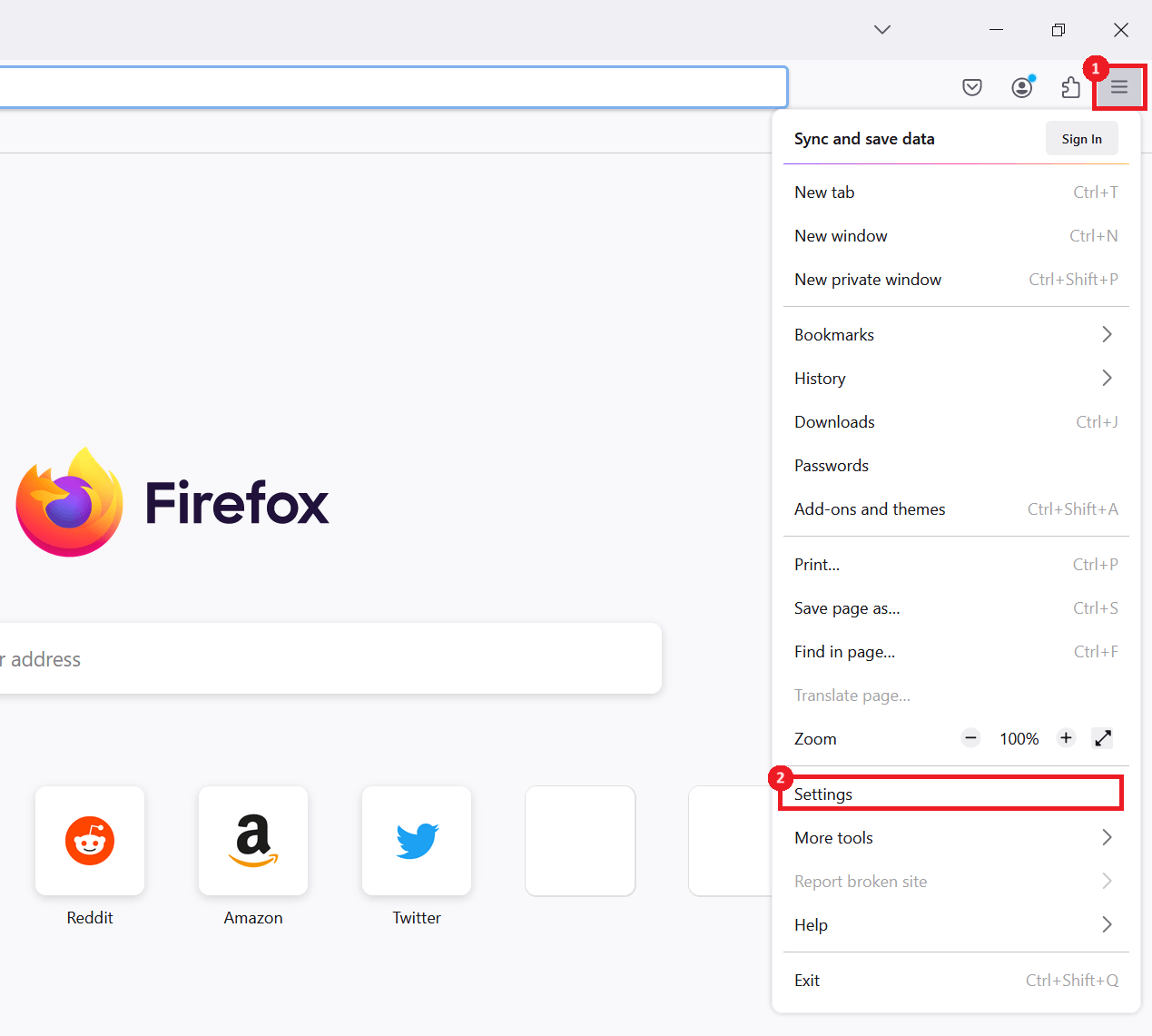 "Settings" option highlighted in Mozilla Firefox.