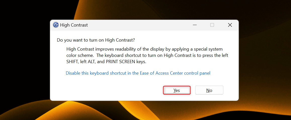 "Yes" button in "High Contrast" confirmation window.