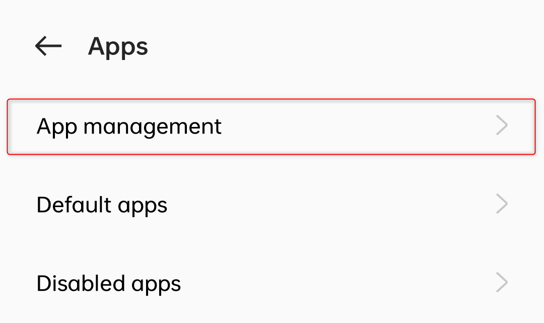 "App management" menu highlighted in app settings.