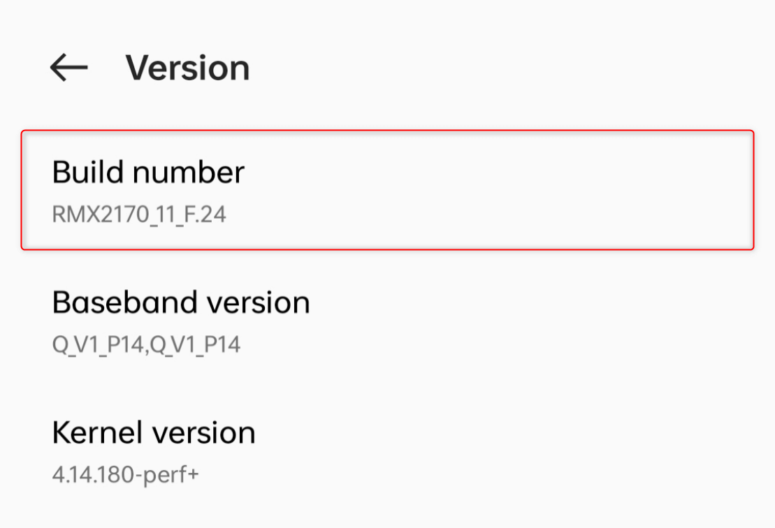 "Build number" in About settings in Android.