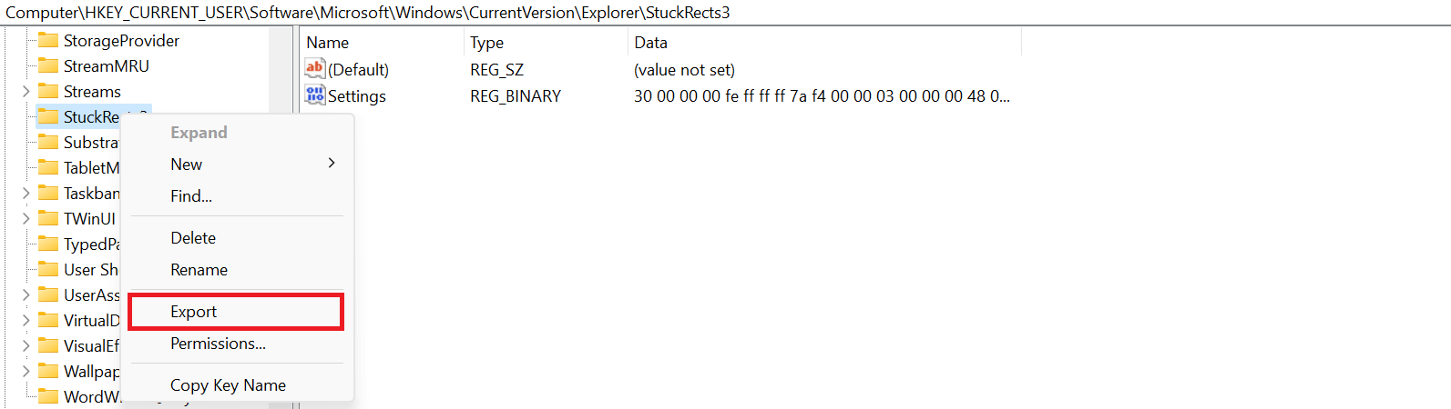 "Export" option highlighted in Registry Editor.