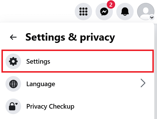 "Settings" option in Facebook for Web.
