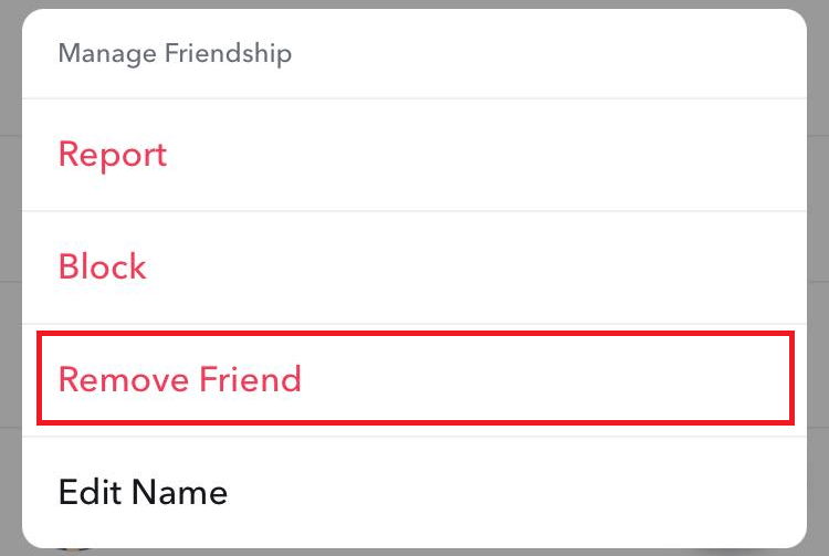 "Remove Friend" option highlighted in Snapchat app.