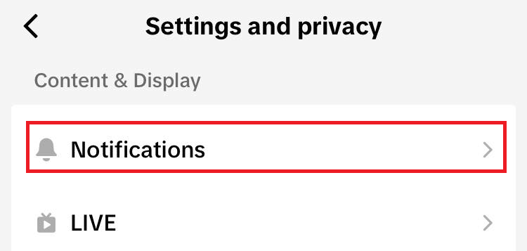 "Notifications" in TikTok settings.