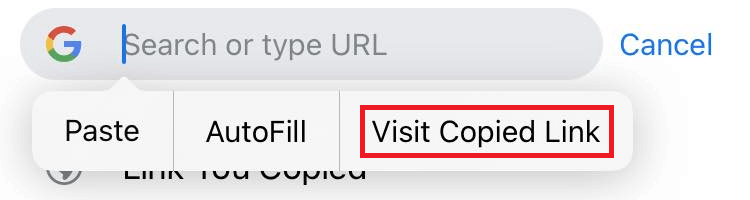 "Visit Copied Link" in iPhone long-press context menu.