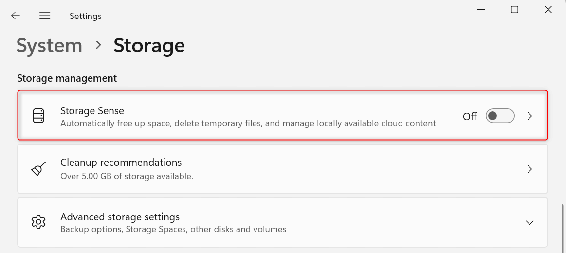 "Storage Sense" option highlighted in Windows 11 settings.