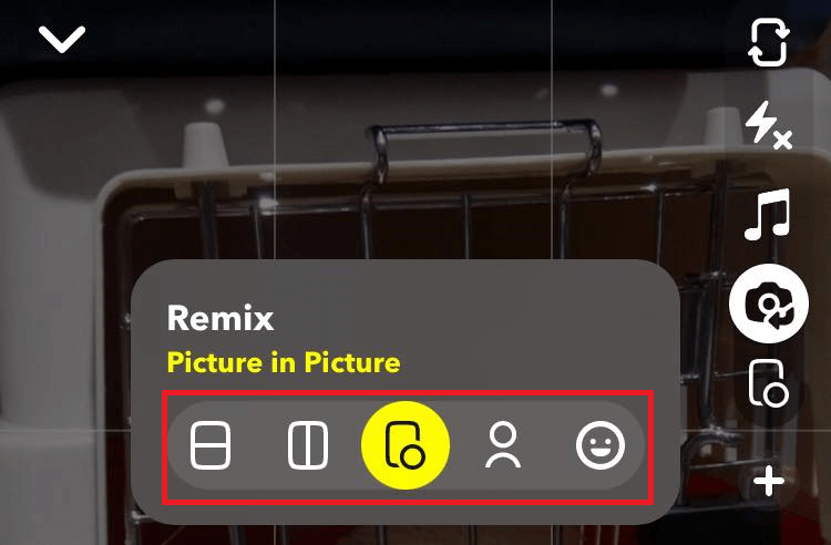 "Picture in Picture" camera view highlighted in Snapchat Remix feature.